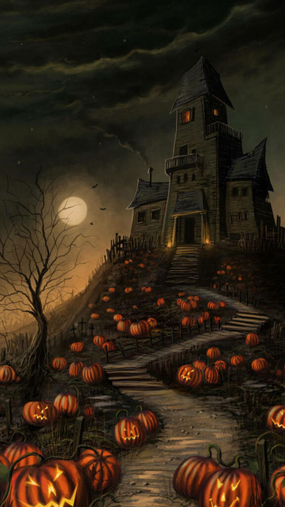 Phantasmal Dwelling of Halloween: Frightful Haunted House amidst Pumpkin-laden Pathway - Halloween Phone Background Wallpaper