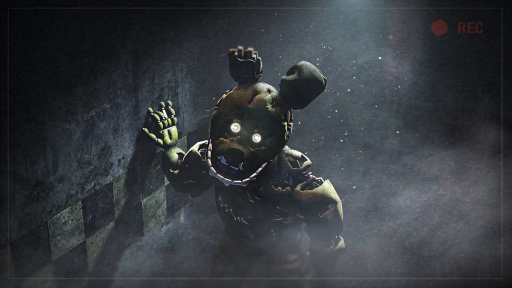 Creepy Springtrap animatronic in 3D CGI with glowing eyes from Five Nights at Freddys wallpaper