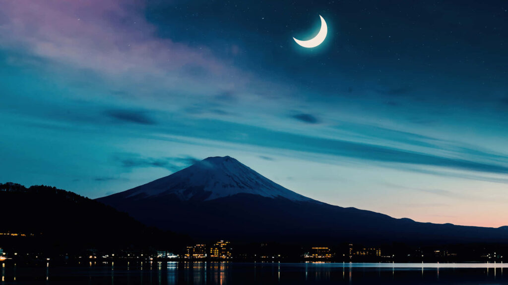 Tranquil Crescent Moon Wallpaper: Night Sky Over Mount Fuji