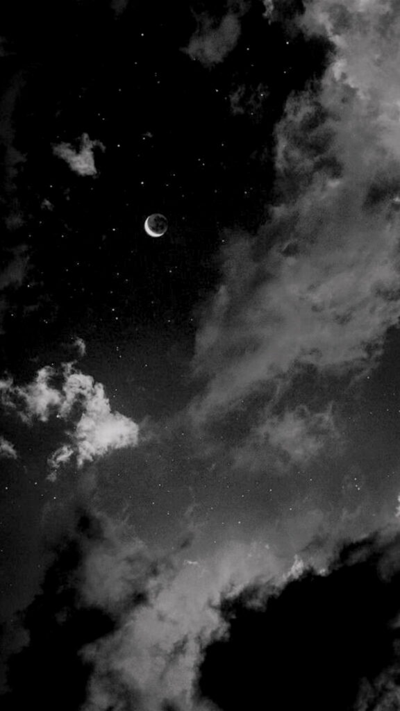 Serene Night Sky: Crescent Moon, Clouds & Twinkling Stars Background Wallpaper
