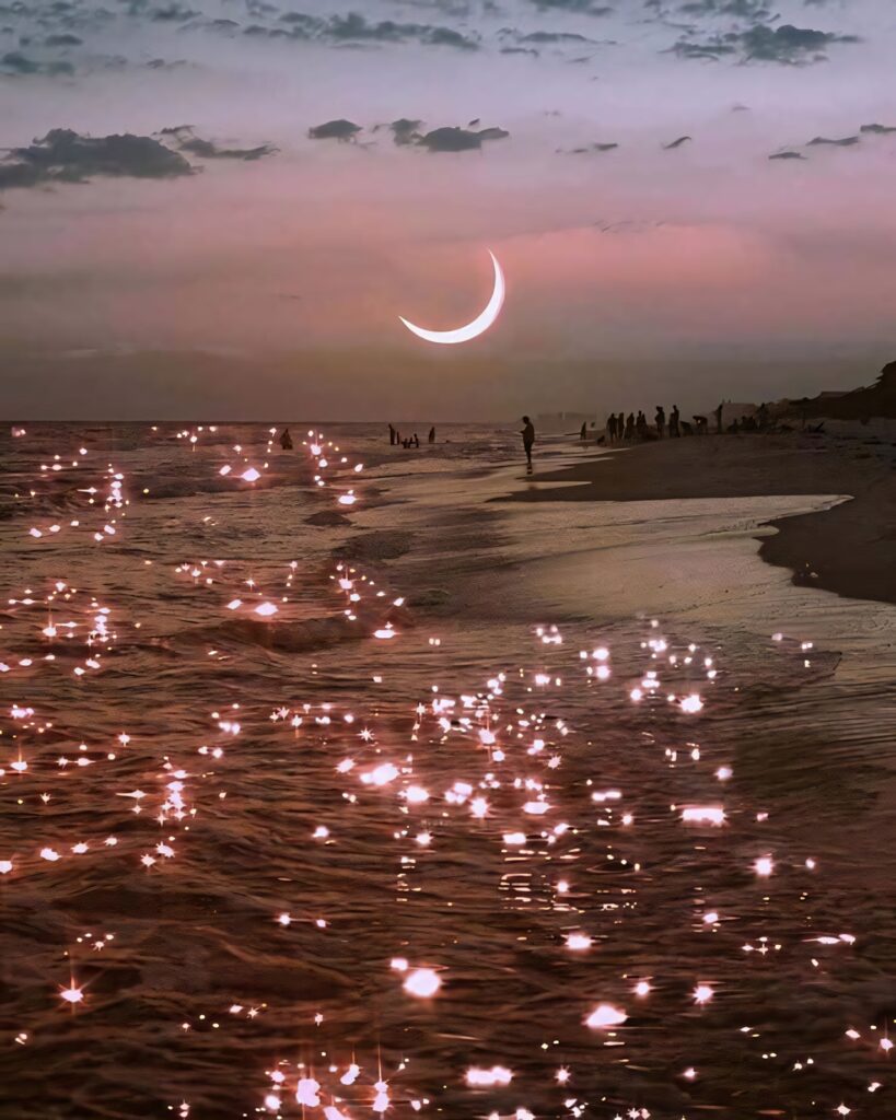 Crescent Moon Glow Over Tranquil Shoreline - Serene Wallpaper