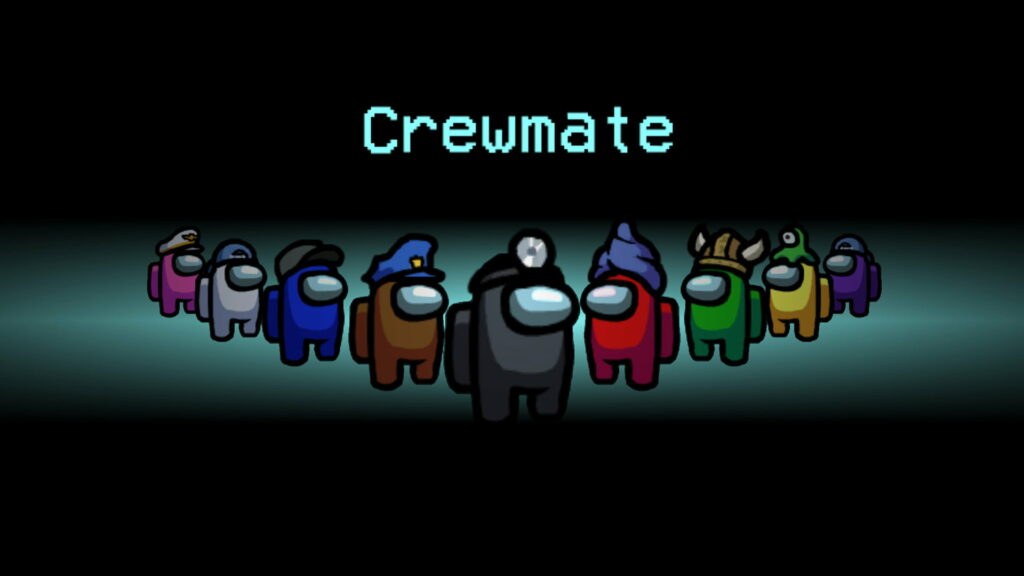 Among Us HD wallpaper with colorful crewmates and unique hats on dark gradient background