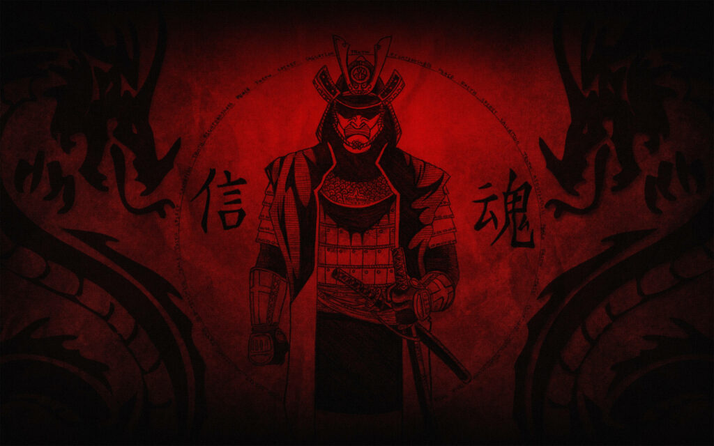 Monochrome Majesty: An Epic 8k Wallpaper Showcasing a Legendary Swordsman in Red Armour