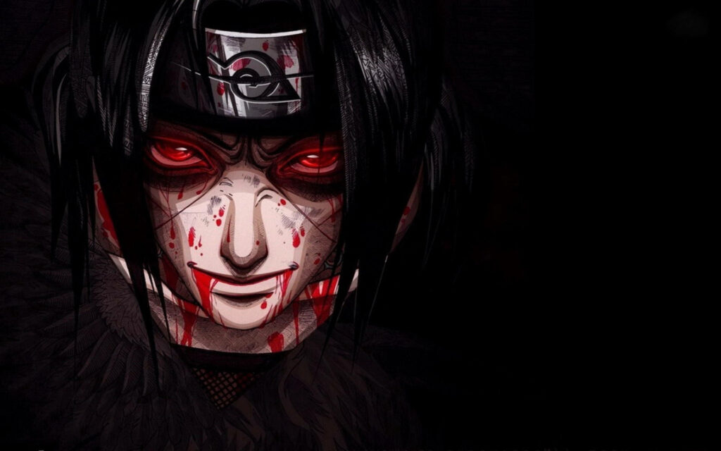 Dark and Intense: Bloodied Itachi Illuminates Naruto iPad Background Wallpaper
