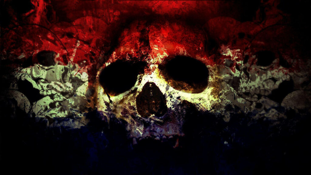 Tri-Color Skull: A HD Background featuring a Red, Cream, and Blue Painted Skull. Wallpaper