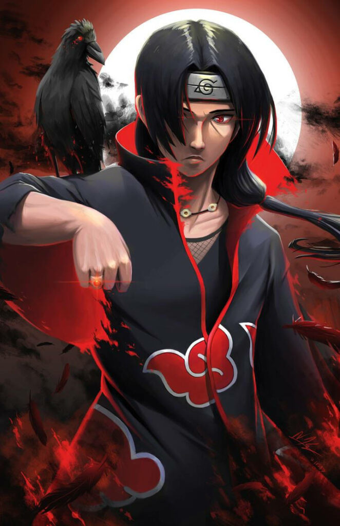 Shadowed Elegance: Akatsuki Itachi Embraces the Abyss with his Loyal Messenger Wallpaper