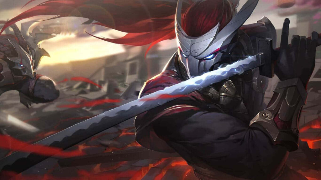 Crimson Steel: Yasuo Unleashes his Red Blade in Striking HD Wallpaper