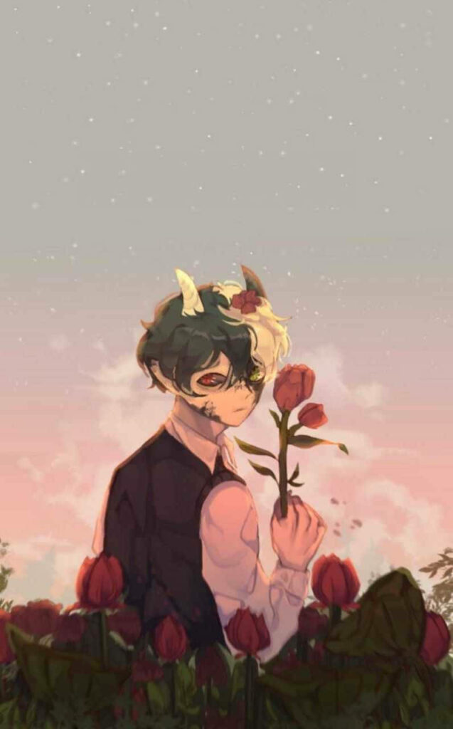 Grim Ranboo: Roaming amidst a Fiery Sea of Scarlet Roses with Horns Wallpaper