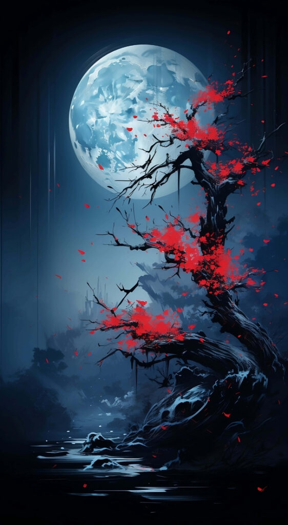Serene Crimson-Leaved Tree Wallpaper Under Luminous Blue Moon
