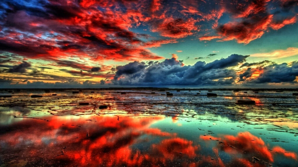 Reflective Red Skies: Serene Waterscape HD Background for Computer Wallpaper