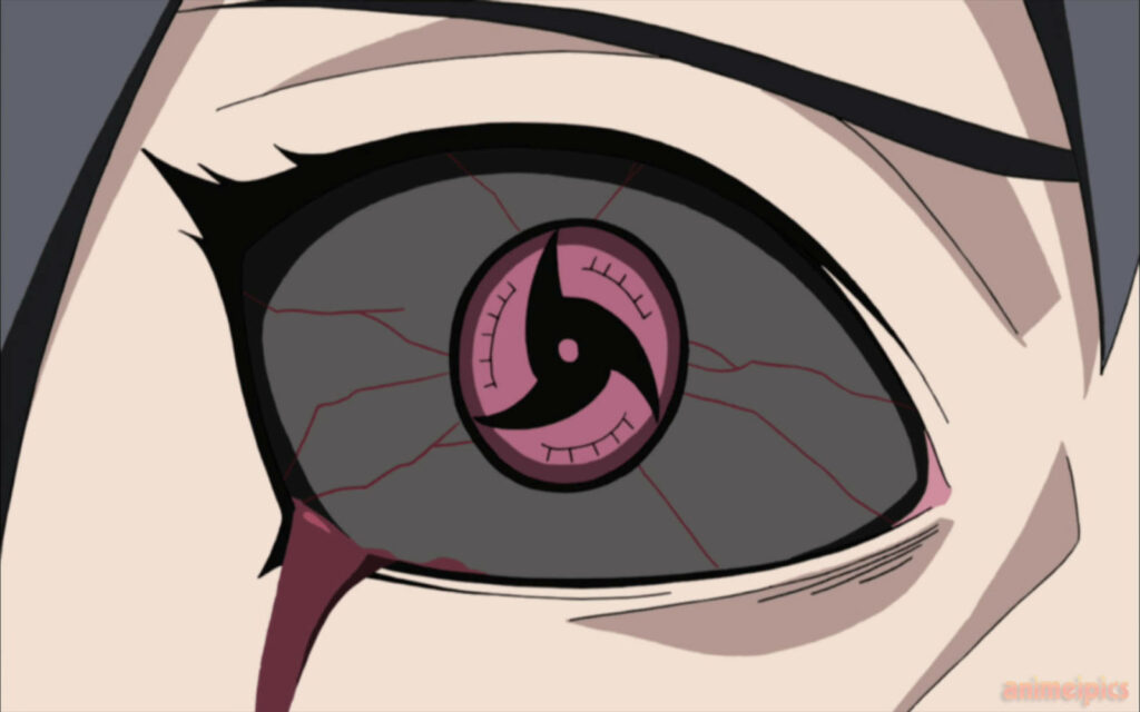 Blood-Stained Sharingan: Itachi Evokes His Mysterious Eye Power in the Background Image Wallpaper