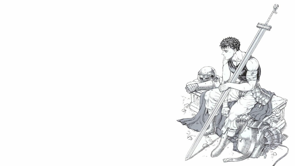 Warrior Unleashed: Guts from Berserk in High-Definition on a Serene White Canvas Wallpaper