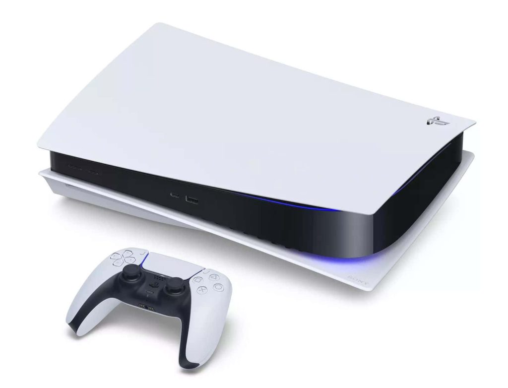 Sony PlayStation 5 console and DualSense controller with blue LED studio wallpaper background