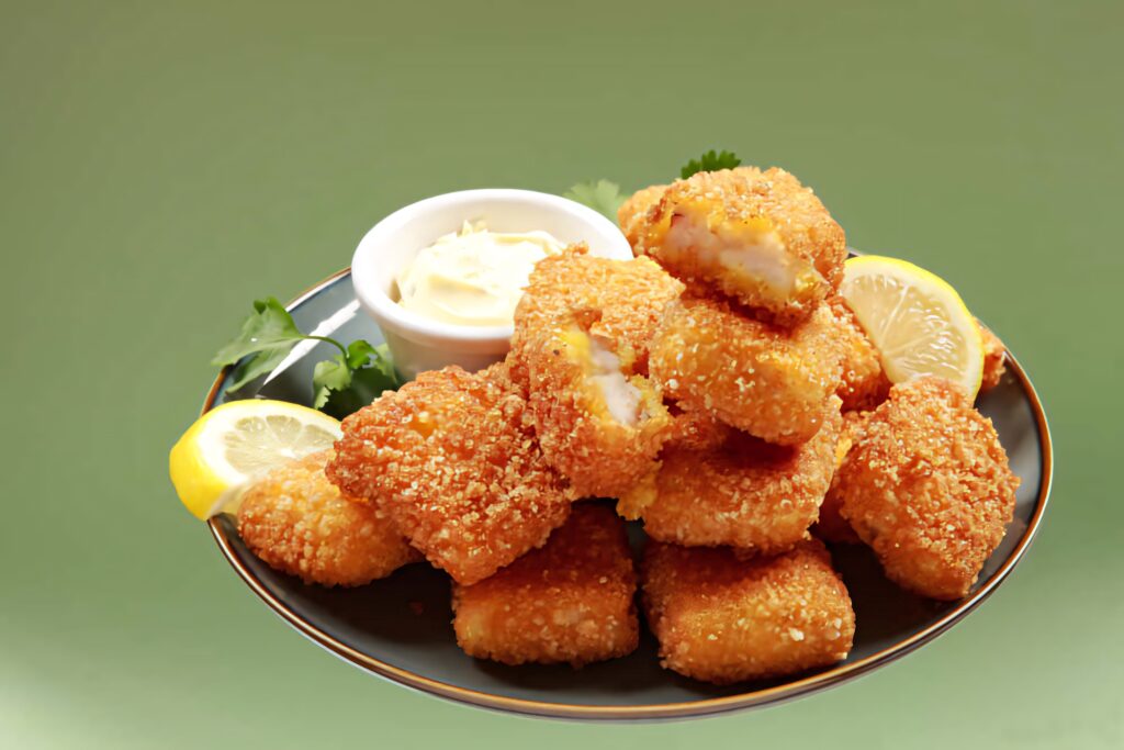 Crispy golden chicken nuggets with lemon wedges and creamy sauce on soft green background Wallpaper