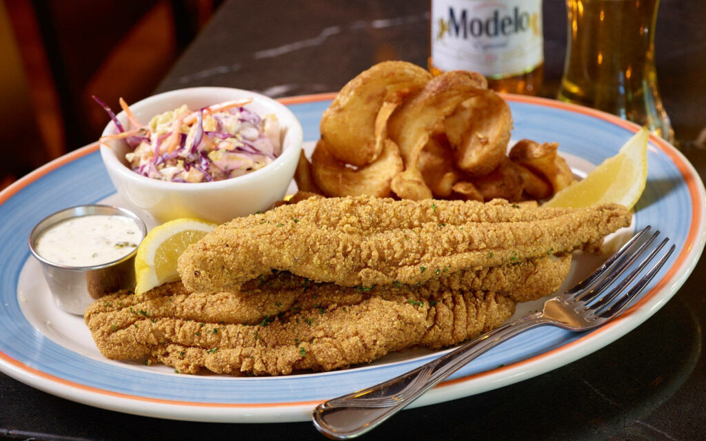 Crispy Breaded Fish with Potato Curls & Coleslaw - Delicious Lunch Wallpaper
