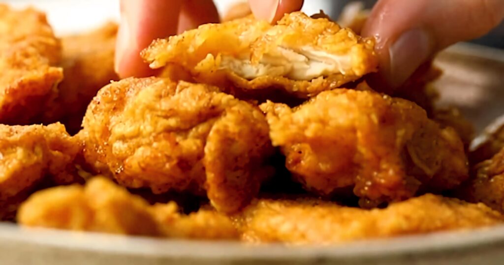 Close-up of golden crispy chicken nuggets with juicy interior and crunchy texture wallpaper background