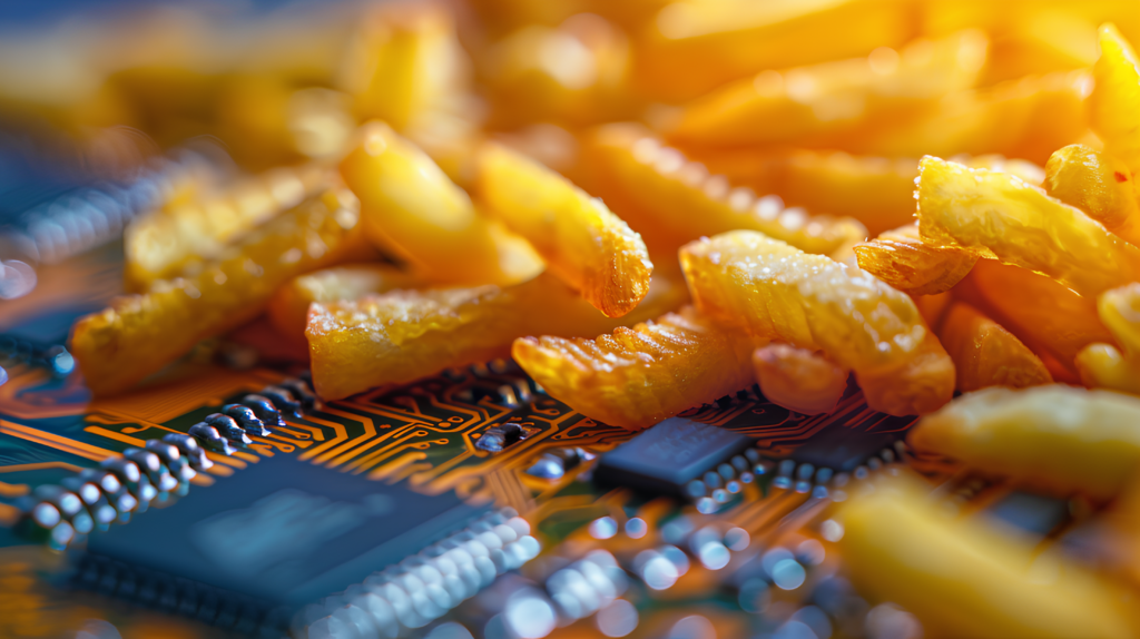 Creative Macro Wallpaper: Crispy Fries on a Circuit Board Background