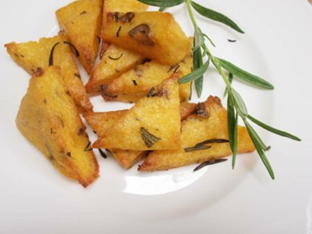 Golden Scagliozzi Wallpaper: Crispy Polenta with Rosemary Garnish