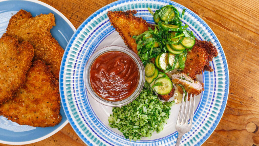 Delicious Tonkatsu & Salad Wallpaper | Rustic Table Background