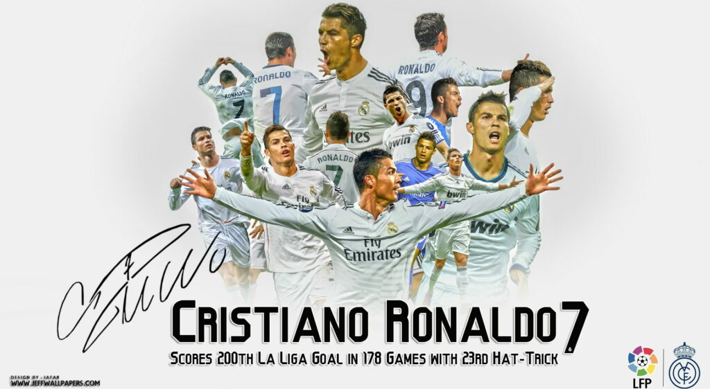 Cristiano Ronaldo Real Madrid digital collage wallpaper celebrating La Liga goals and legacy