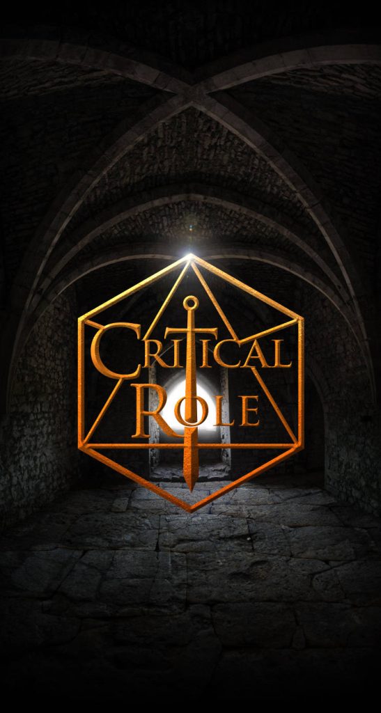 Critical Role fantasy wallpaper with golden d20 and sword over dark dungeon hallway lighting