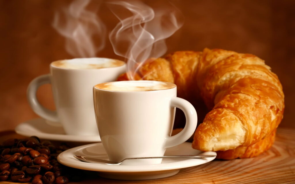 Café Indulgence: A Flavorful Union of Croissants and Drinks for Food Lovers - HD Wallpaper Background