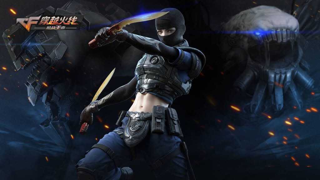 CrossFire Ghost-X female operative with dual blades faces dark robotic foe in 3D FPS wallpaper