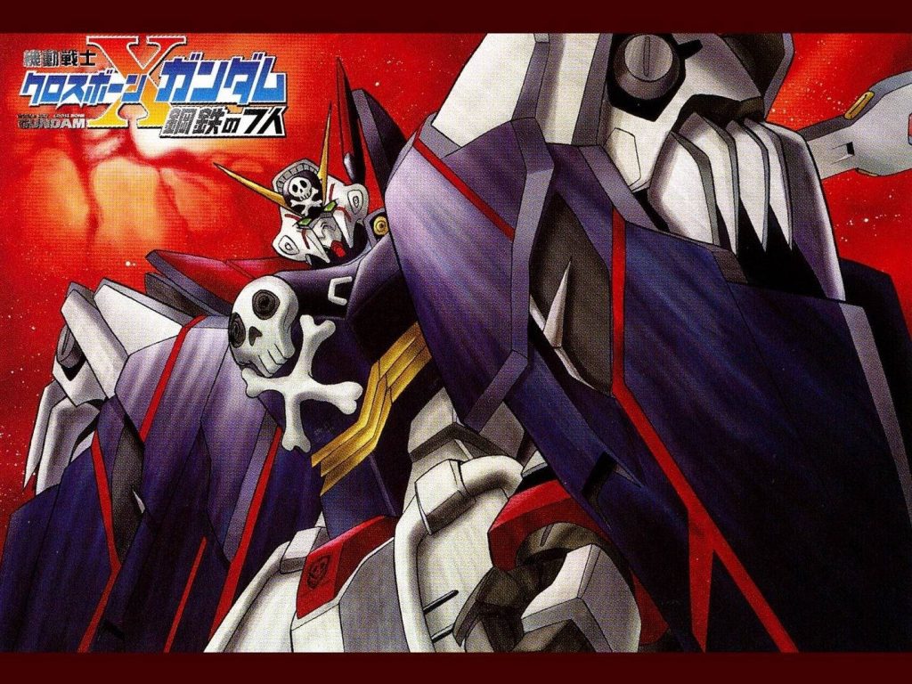 Crossbone Gundam manga-style wallpaper with skull emblem and fiery red background for fans