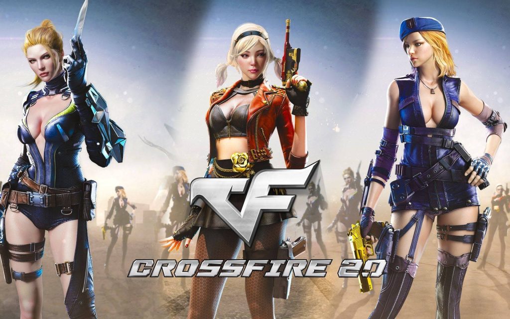 Crossfire 2.0 wallpaper of three elite female operatives in tactical gear with CF logo background