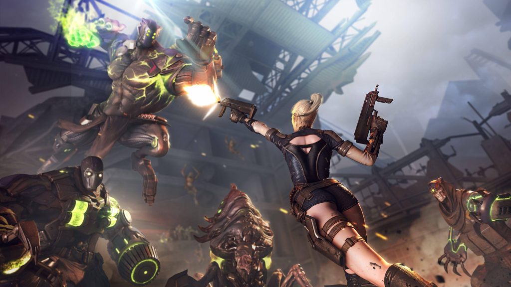 Blonde operative dual-wields pistols fighting bio-organic mutants in glowing green industrial arena Wallpaper