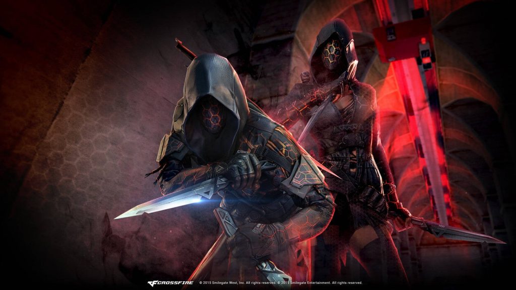 Two Black Shadow warriors in tactical hoods with glowing masks and blades in red corridor Wallpaper