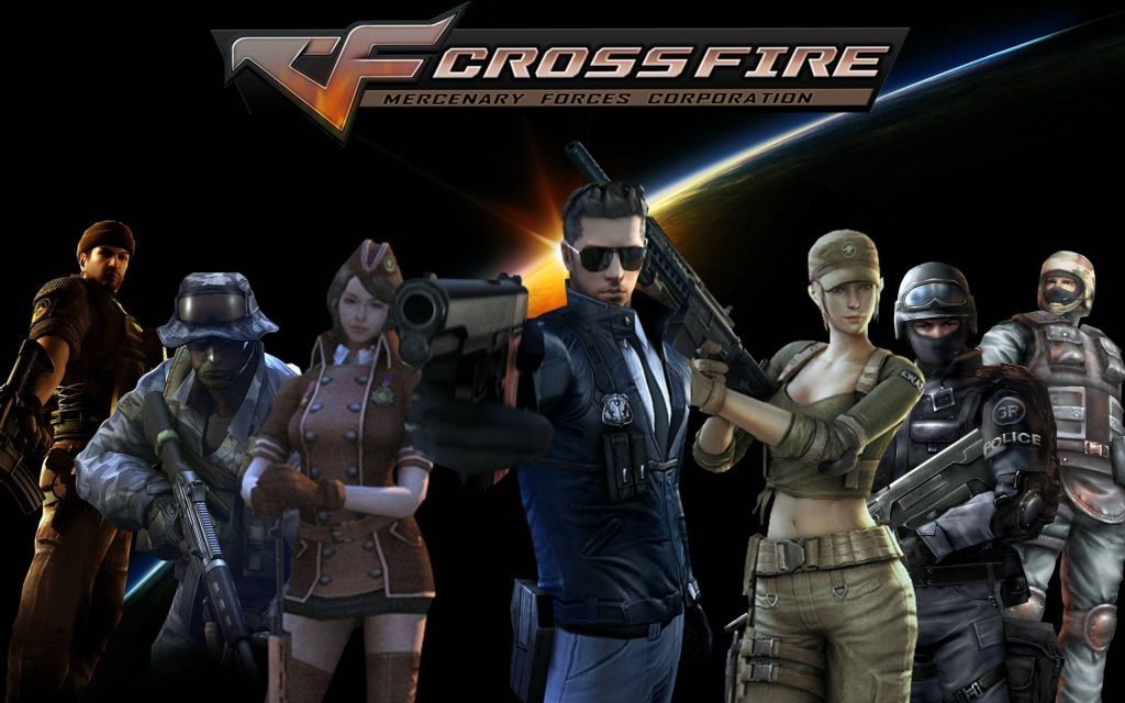 Crossfire elite Mercenary Forces squad 3D CGI characters on black background with orange horizon Wallpaper