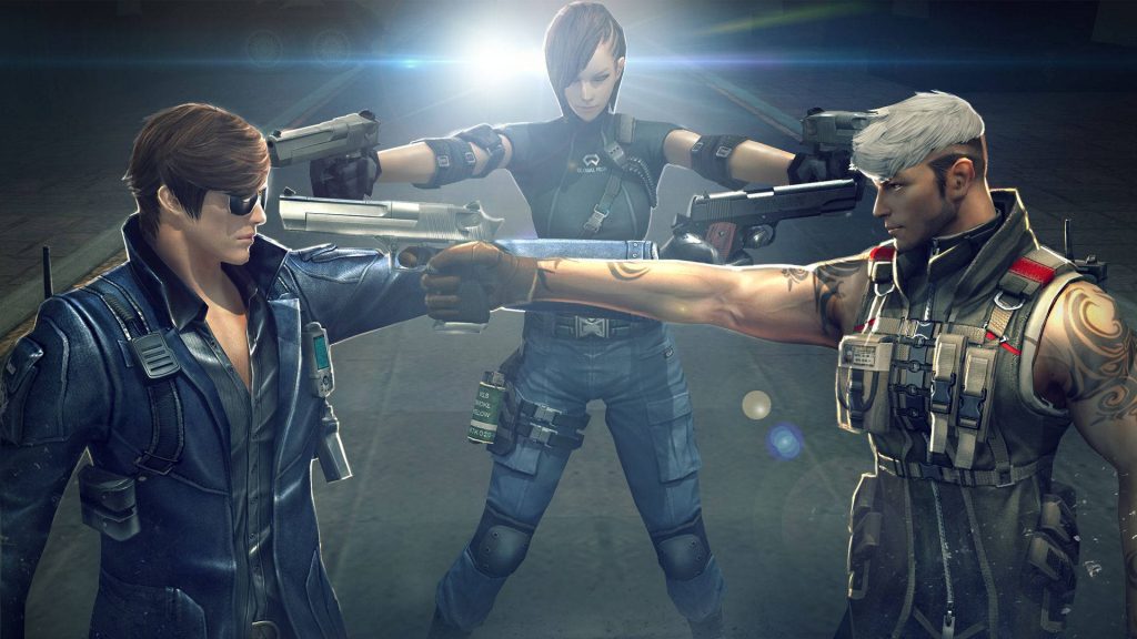 Cinematic 3D Crossfire Free For All standoff with three tactical operators Global Risk agent Wallpaper