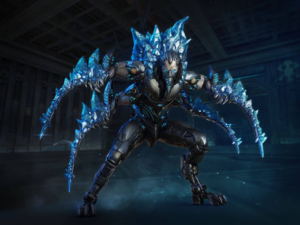 Crossfire Frost mutant boss 3D CGI in dark hangar with glowing ice crystals and gas mask wallpaper
