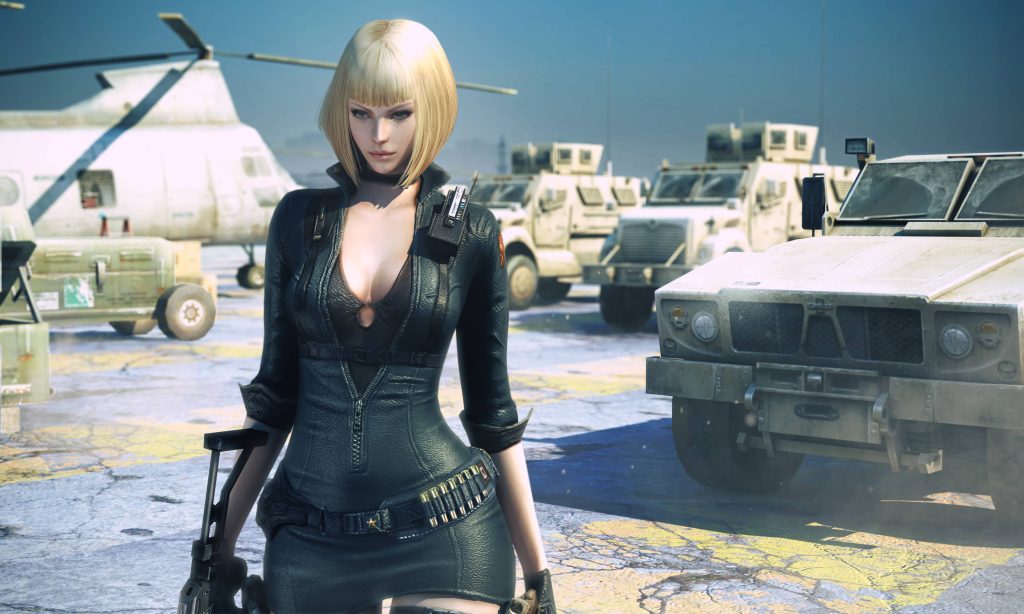 Crossfire Global Risk Datura elite operative in black uniform on military tarmac with vehicles Wallpaper
