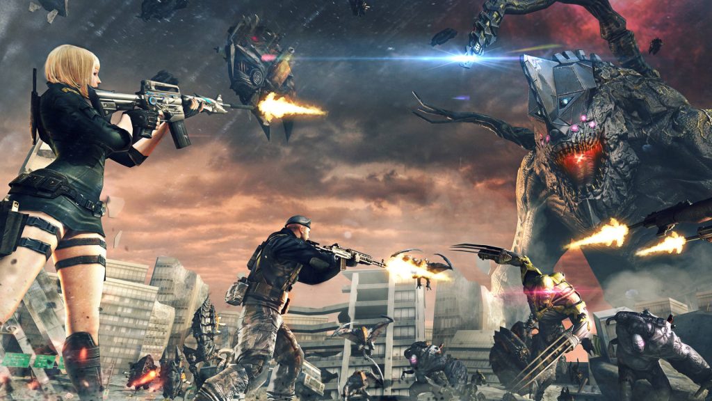 Blonde operative and soldier battle mutants in ruined city with explosive Crossfire cinematic action Wallpaper