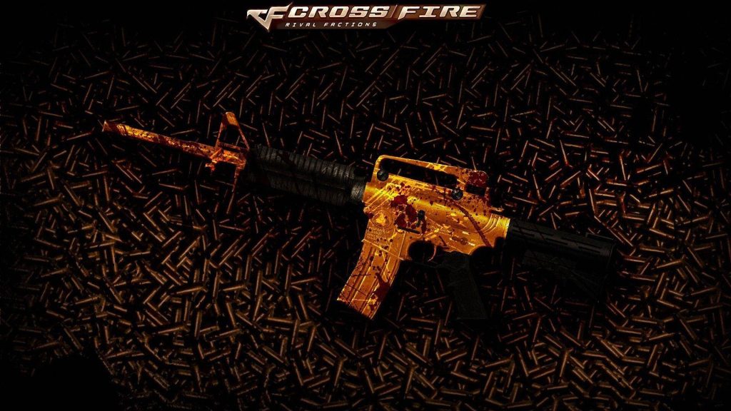 Crossfire Rival Factions gold black assault rifle on dark bullet casings gaming wallpaper background