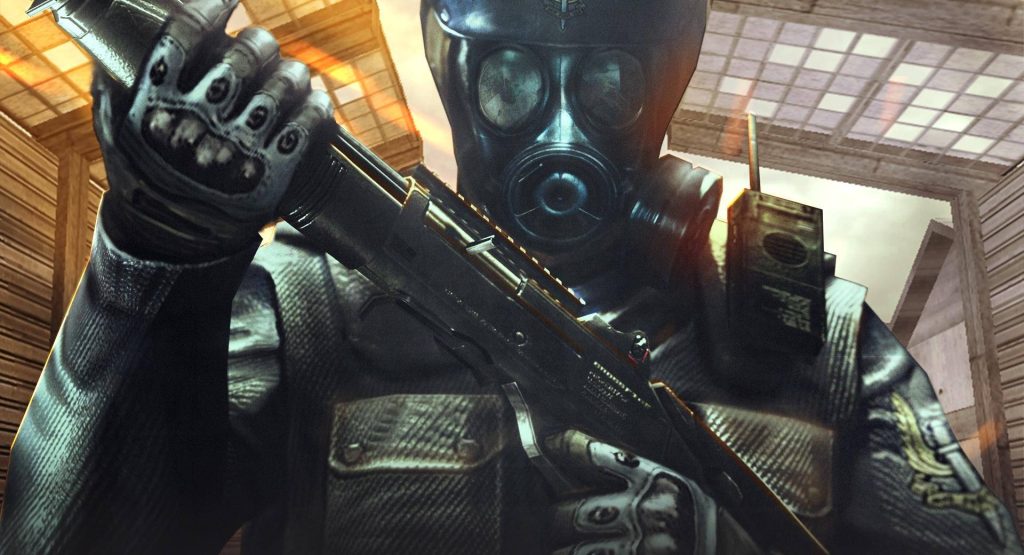 Tactical Crossfire SAS soldier in gas mask with shotgun in warm industrial combat scene wallpaper
