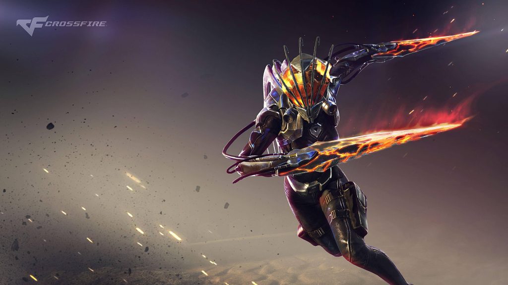 Crossfire Stealth assassin mid-air with glowing fiery blades in dark tactical armor wallpaper background