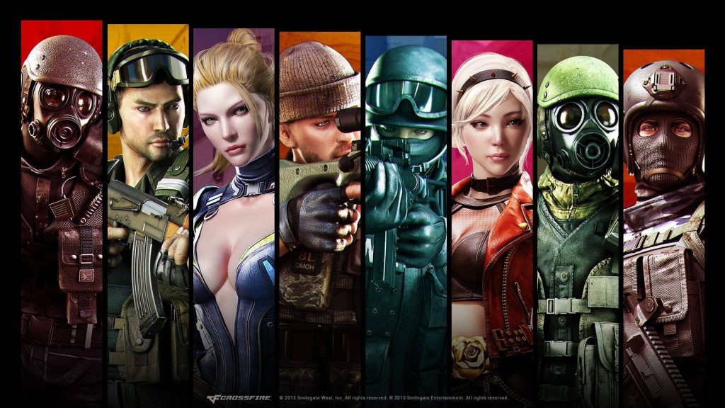 Crossfire wallpaper showing cinematic CGI mercenary operators and elite soldiers in tactical gear