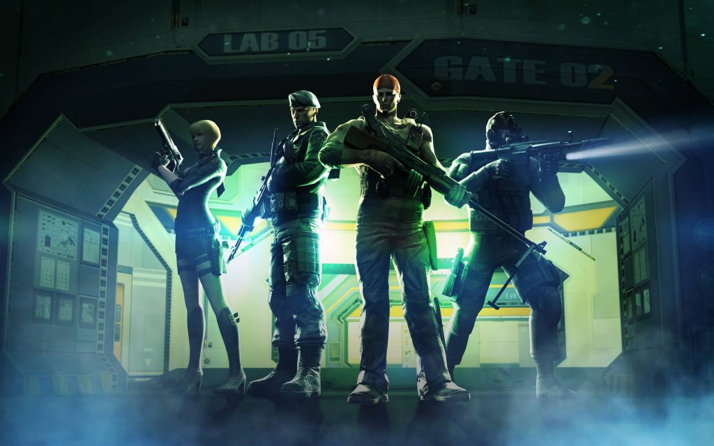 Crossfire wallpaper with four elite soldiers in futuristic Lab 05 green backlit CGI digital art
