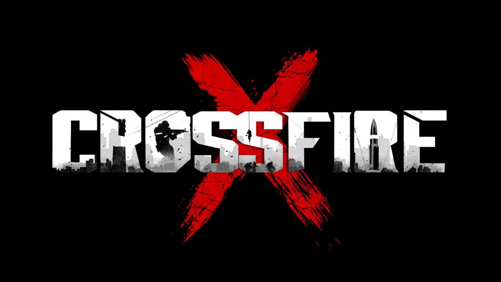 CrossfireX logo wallpaper with white wordmark red brush-stroke X and military silhouettes background