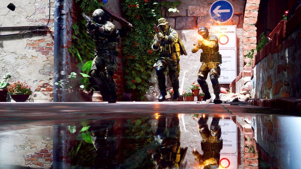 Three tactical special forces operators advance in CrossfireX CGI courtyard with muzzle flashes Wallpaper