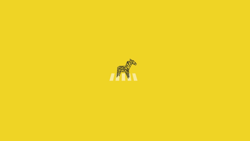 Minimalist geometric zebra line-art crossing pedestrian path on vibrant yellow wallpaper background