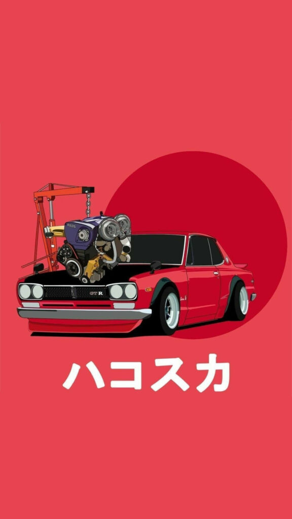 Pink Mobile JDM Masterpiece: Showcasing the Fiery Red Nissan Skyline GT-R Amidst a Striking Circle Pattern and Elegant Japanese Typography Wallpaper
