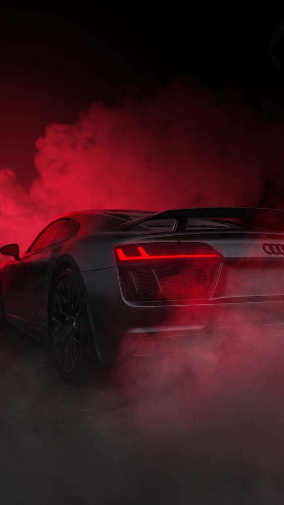 Blazing Red: Audi R8 Embraced by Fiery Mist - Vibrant Audi iPhone Background Image Wallpaper