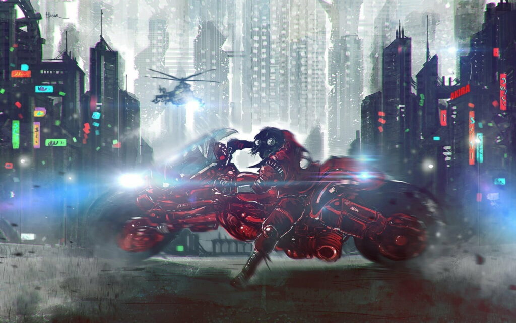Crimson Triumph: Akira-inspired Man Speeding Through Futuristic Cityscape in HD Wallpaper