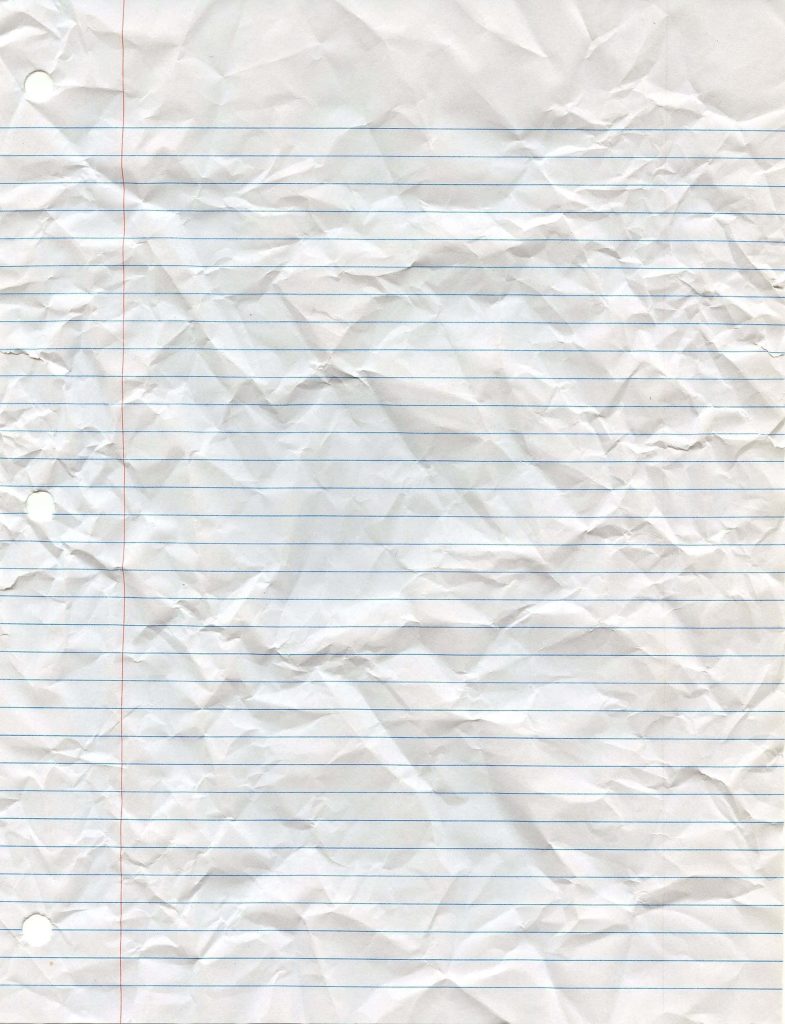 Textured crumpled white notebook paper wallpaper with blue lines red margin and binder holes