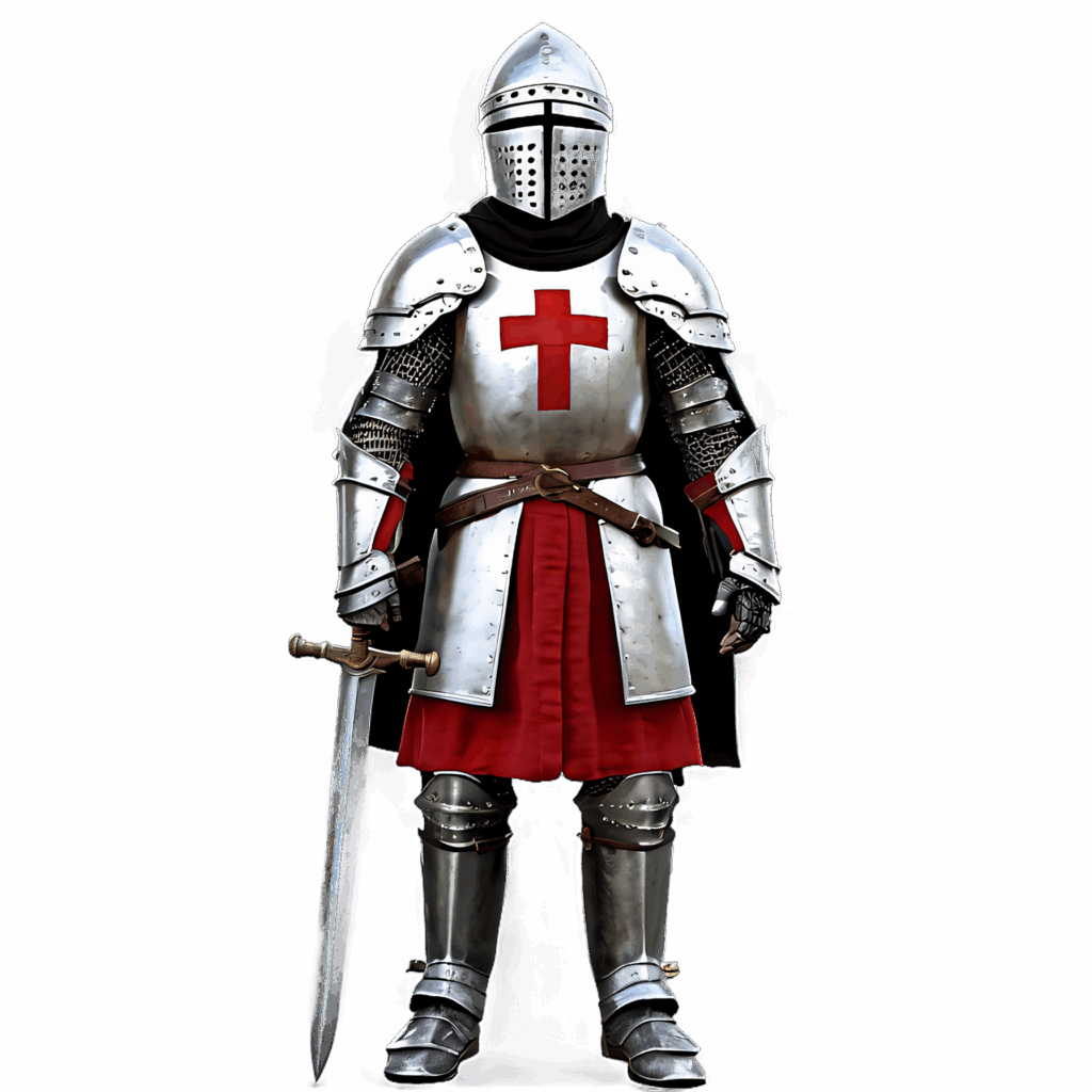 Crusader Knight in polished armor with red cross holding sword symbolizing medieval valor wallpaper