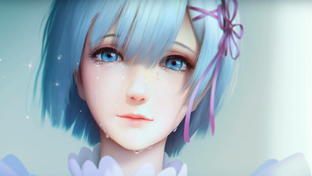 Blue Tears: A Realistic Portrait of Rem in Re Zero Wallpaper